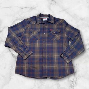 Wrangler Mens Pearl Snap Brown Blue Plaid Long Sleeve Flannel Shirt Mens Size XL